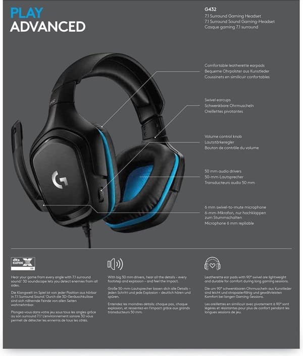 Logitech G432 - Spelheadset - Svart & Blå - PC
