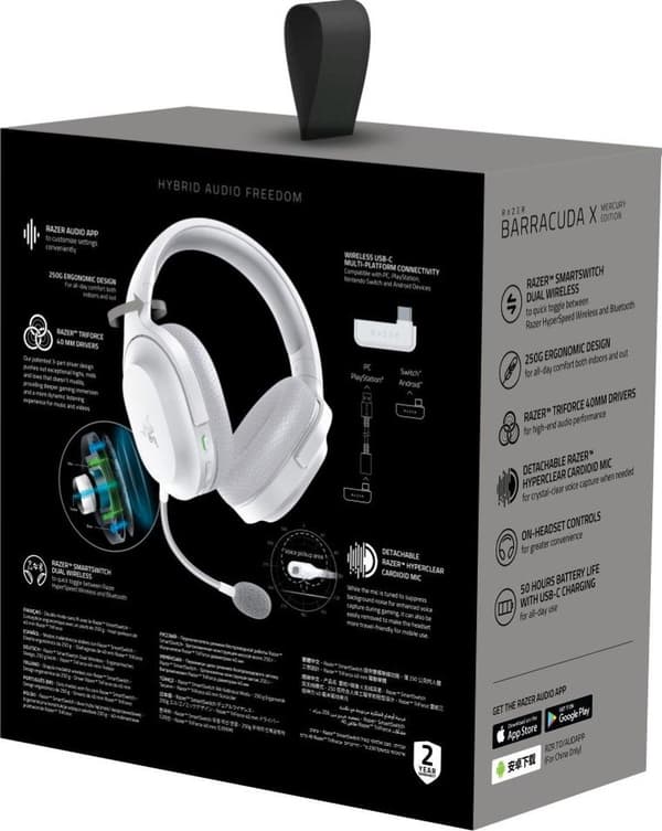 Razer Barracuda X (2022) langattomat pelikuulokkeet – Mercury White (PC/PlayStation/Switch/Android)