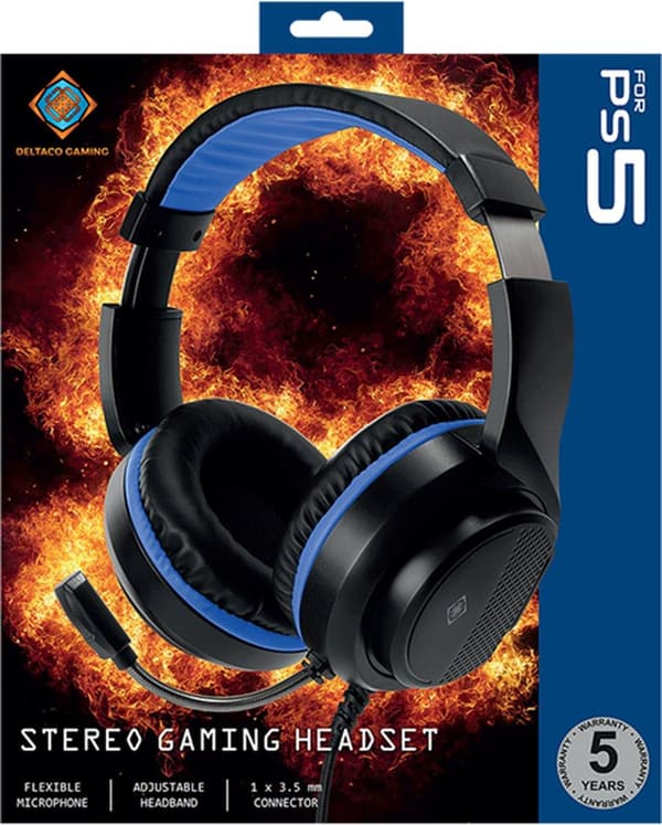 Deltaco Gaming Stereo Gaming Headset PS5:lle, 1 x 3,5 mm liitin - musta/sininen