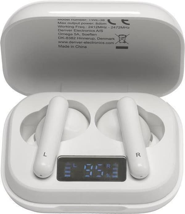 Denver TWE-38 - Hörsnäckor - Trådlösa - Trådlösa hörsnäckor - Bluetooth - med laddningsfodral - handsfree - sport - headset - In-ear - Vit