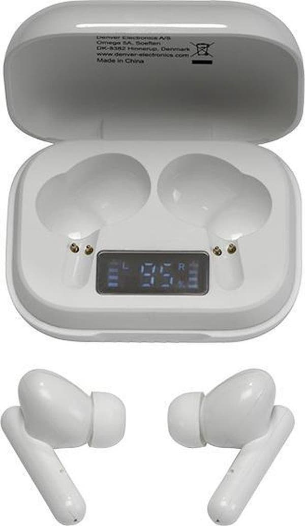 Denver TWE-38 - Hörsnäckor - Trådlösa - Trådlösa hörsnäckor - Bluetooth - med laddningsfodral - handsfree - sport - headset - In-ear - Vit