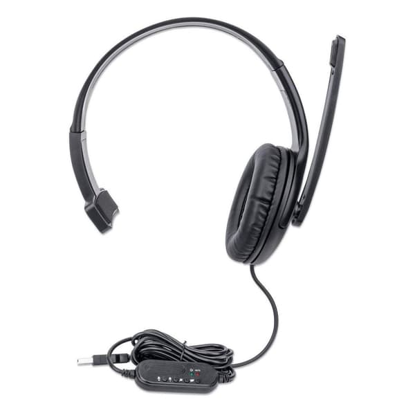 MANHATTAN Mono USB Headset Circumaural design (over-ear), ensidig öronkåpa, trådbunden, USB-A-kontakt, integrerad volymkontroll, justerbar mikrofon, s