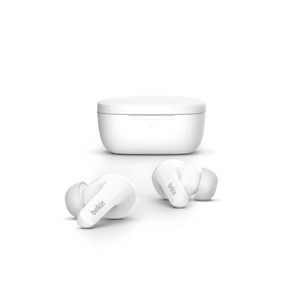 Belkin SoundForm Flow - äkta trådlösa hörlurar med mikrofon - i örat - Bluetooth - aktiv brusreducering - vit - för Apple iPhone 12, 13, Samsung Galax
