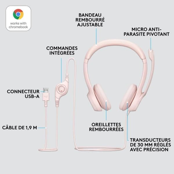 Logitech H390 Stereo Wired Hjälm med antibruitetsmikrofon, USB -A - Rose