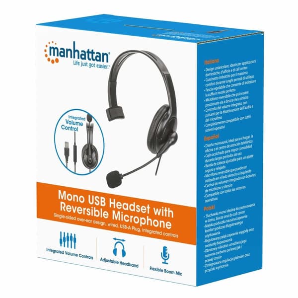 Manhattan 180849 hörlurar/headset Trådbundet pannband Kontor/callcenter USB Typ-A Svart