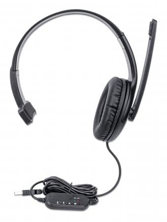 MANHATTAN Mono USB Headset, On-Ear Design (On-Ear), Enkeltsidet Ørekop, Kabelført, USB-A stik, Integreret lydstyrkekontrol, Justerbar mikrofon, Sort (
