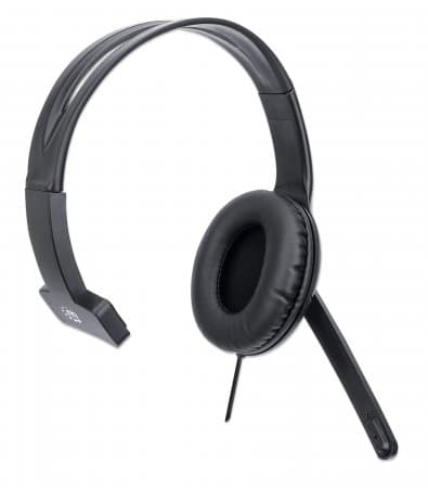 MANHATTAN Mono USB Headset, On-Ear Design (On-Ear), Enkeltsidet Ørekop, Kabelført, USB-A stik, Integreret lydstyrkekontrol, Justerbar mikrofon, Sort (