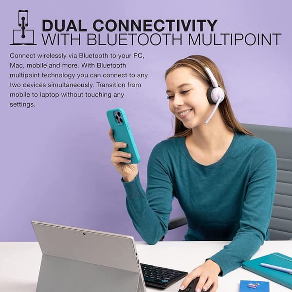 JLab Go Work Pop Headset med mikrofon - Trådløst headset Bluetooth - Støjreducerende mikrofon - 50 timers spilletid