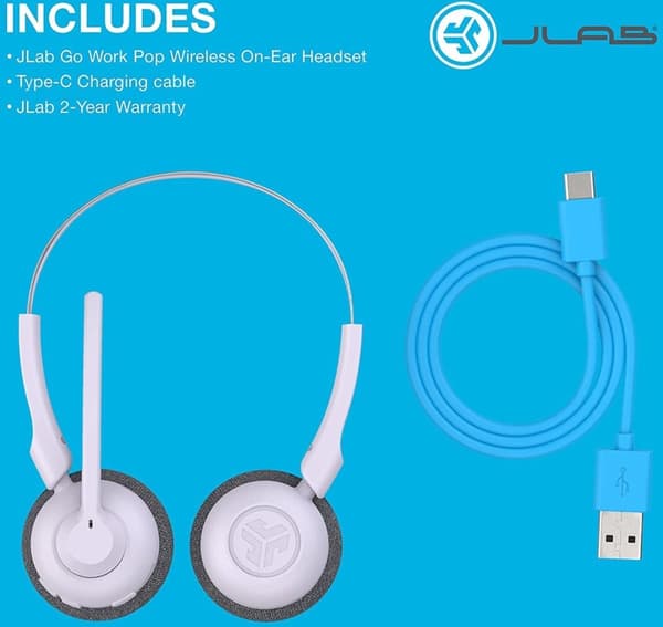 JLab Go Work Pop Headset med mikrofon - Trådløst headset Bluetooth - Støjreducerende mikrofon - 50 timers spilletid