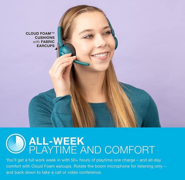 JLab Go Work Pop Headset med mikrofon - Trådlöst headset Bluetooth - Brusreducerande mikrofon - 50 timmars speltid
