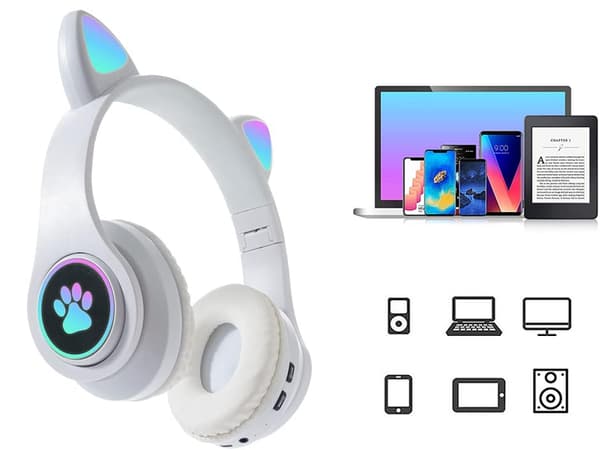 Bluetooth-stereokuulokkeet mikrofonilla ja kissankorvilla / LED-valolla
