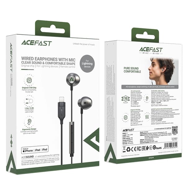 Acefast In-Ear Lightning Hörlurar 1.2m - Svart