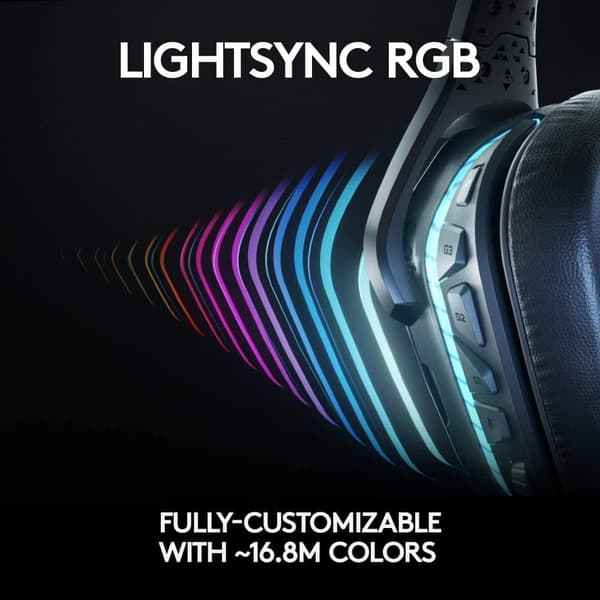 Langattomat Logitech G935 Gaming RGB -kuulokkeet, 7.1 Surround Sound, DTS-kuulokkeet: X 2.0, 50 mm Pro-G-ajurit, 2,4 GHz langaton, kääntävä mikrofoni