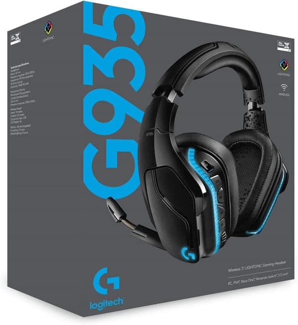 Langattomat Logitech G935 Gaming RGB -kuulokkeet, 7.1 Surround Sound, DTS-kuulokkeet: X 2.0, 50 mm Pro-G-ajurit, 2,4 GHz langaton, kääntävä mikrofoni