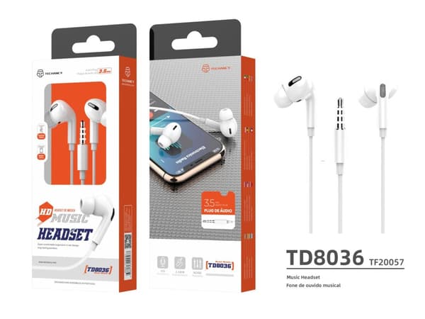 2 Typer Av Passform/White Earphones 3,5 mm Plug-in-ear/Classic in-ear TD8036