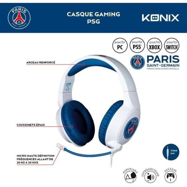 Trådbundet spelheadset - KONIX - PC, PS4, PS5, Switch, Xbox - 45° mikrofon - 1,5 m kabel - vit och blå