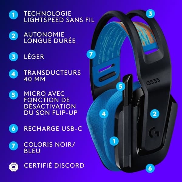 Gaming Headset - Trådløst - LOGITECH G - G535 LIGHTSPEED - PC & PS5 - Sort/Blå