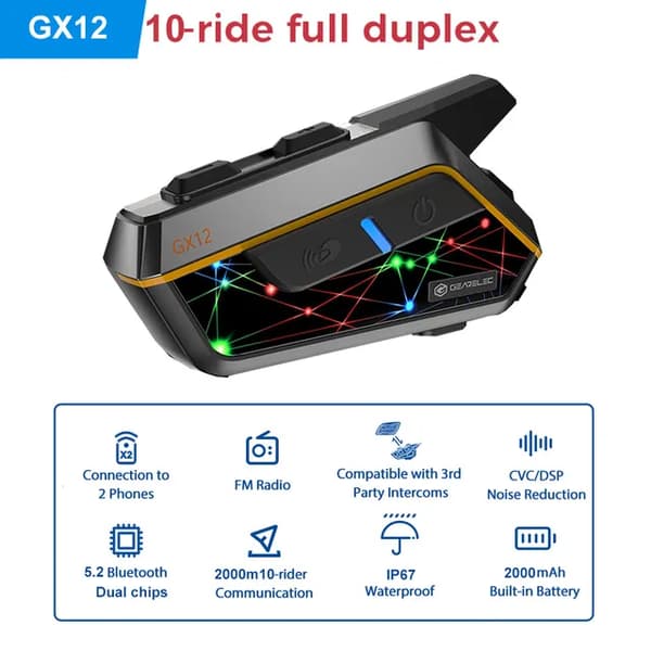Motorcykel Bluetooth Intercom, 2000M Räckvidd, FM Radio Integration, 1PCS GX12