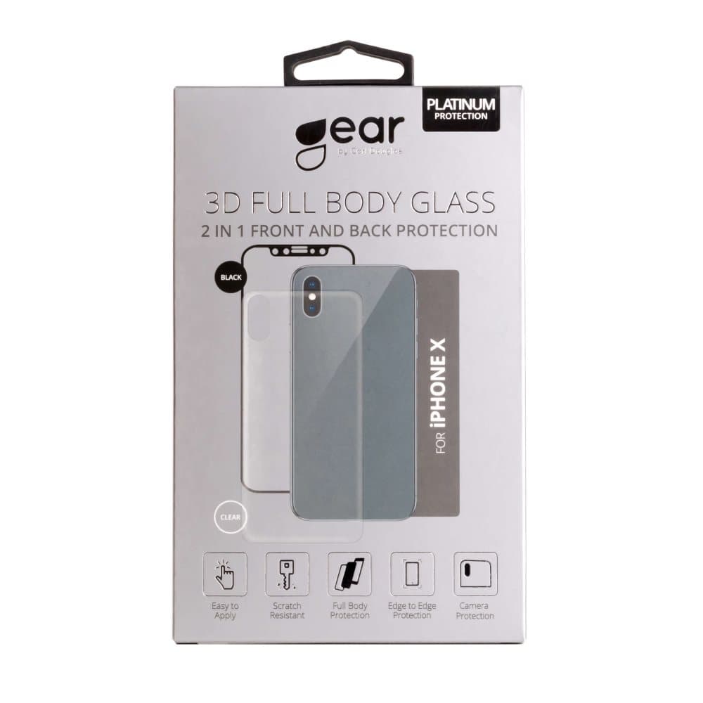 GEAR Hærdet Glas 3D 2in1 Front & Back iPhone X/XS Edge to Edge Sort/Klar bagside