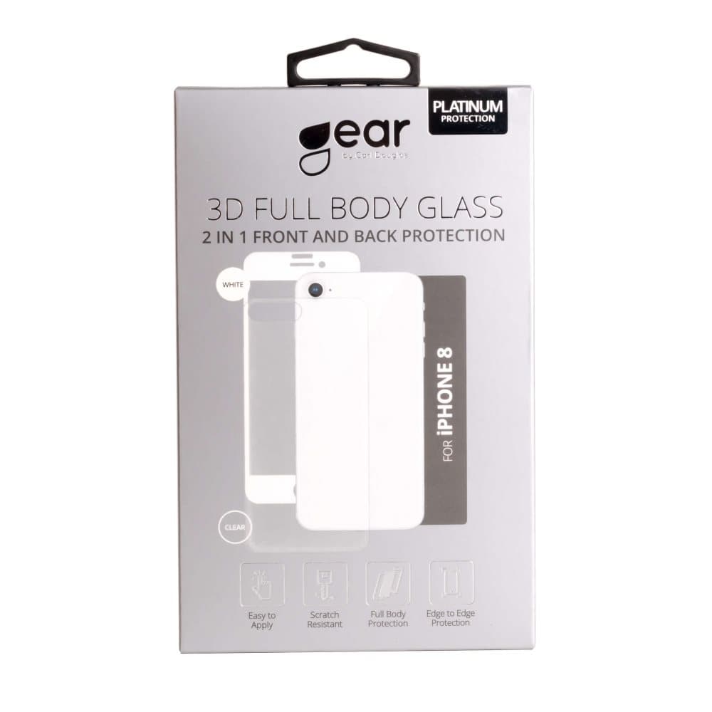 GEAR Hærdet Glas 3D 2in1 Front & Back iPhone 8 Edge to Edge Hvid/Klar bagside
