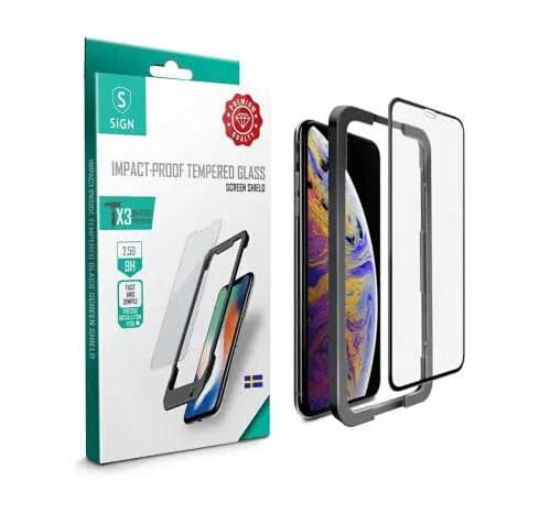 SiGN Heltäckande Skärmskydd i Härdat Glas för iPhone 11 Pro-X-XS + Monteringsram