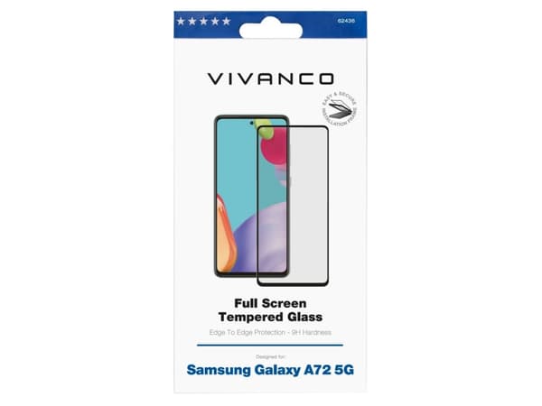 Vivanco Full, Samsung, Galaxy A72 5G, Likaa hylkivä, Iskunkestävä, Öljynkestävä, Naarmuuntumisenkestävä, Putoamisenkestävä, Musta, Läpinäkyvä, 1 kpl
