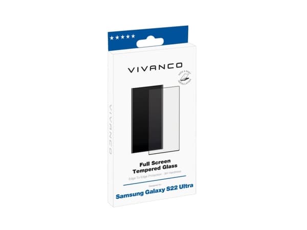 Vivanco Full, Samsung, Galaxy S22 Ultra, Skittbestandig, Slagbestandig, Oljebestandig, Ripebestandig, Knusesikker, Sort, Gjennomsiktig, 1 stykker