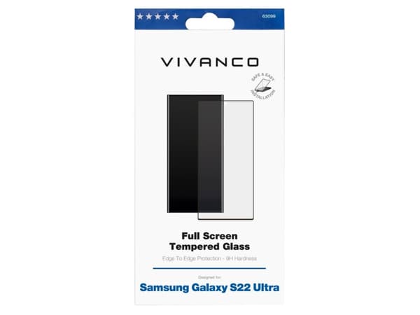 Vivanco Full, Samsung, Galaxy S22 Ultra, Skittbestandig, Slagbestandig, Oljebestandig, Ripebestandig, Knusesikker, Sort, Gjennomsiktig, 1 stykker