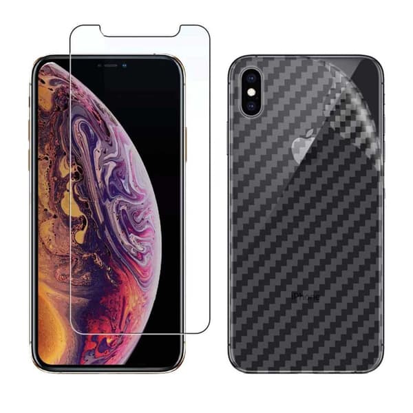 iPhone XS Max Display Film + hiilikuitusuojakalvo selkänojalle