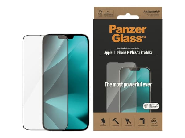 PanzerGlass™ | Antibakteriell - Skjermbeskytter for mobiltelefon - Ultra-Wide Fit - rammefarge svart | Apple iPhone 13 Pro Max/14 Plus