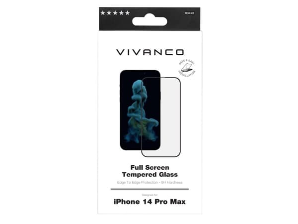 Vivanco Full, Apple, iPhone 14 Pro Max, Skittbestandig, Slagbestandig, Oljebestandig, Ripebestandig, Knusesikker, Sort, Gjennomsiktig, 1 stykker
