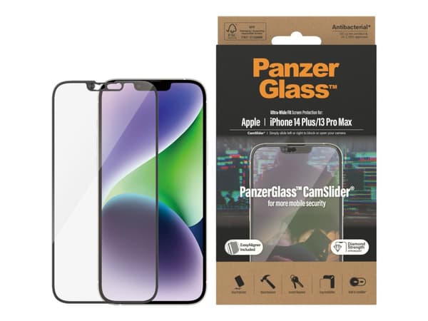 PanzerGlass CamSlider - Skärmskydd för mobiltelefon - lämplig för fodral - glas - ramfärg svart - för Apple iPhone 13 Pro Max, 14 Plus