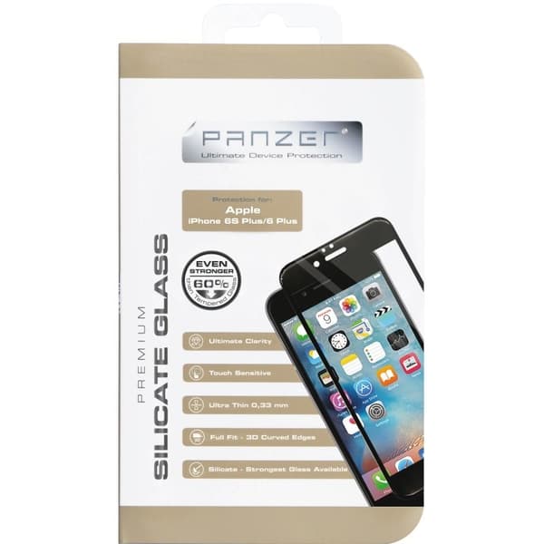 Panzer iPhone 6S/6 Plus, kaareva silikaattilasi, musta