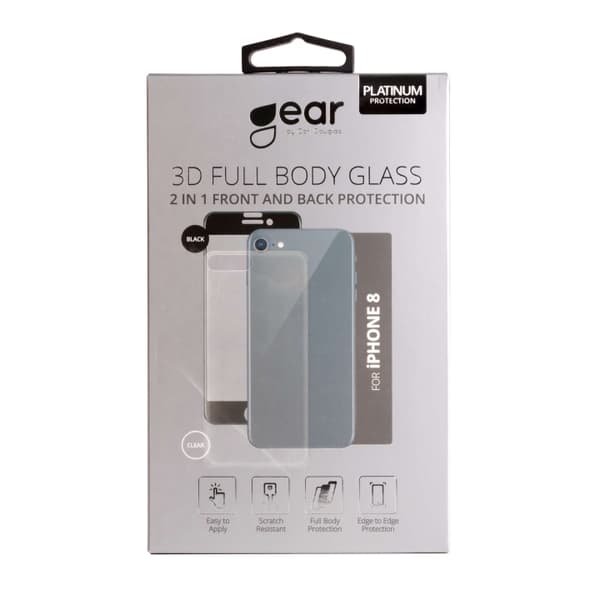 Gear Hærdet Glas 3D 2in1 Front & Back Edge to Edge Sort/Klar bagside iPhone 8