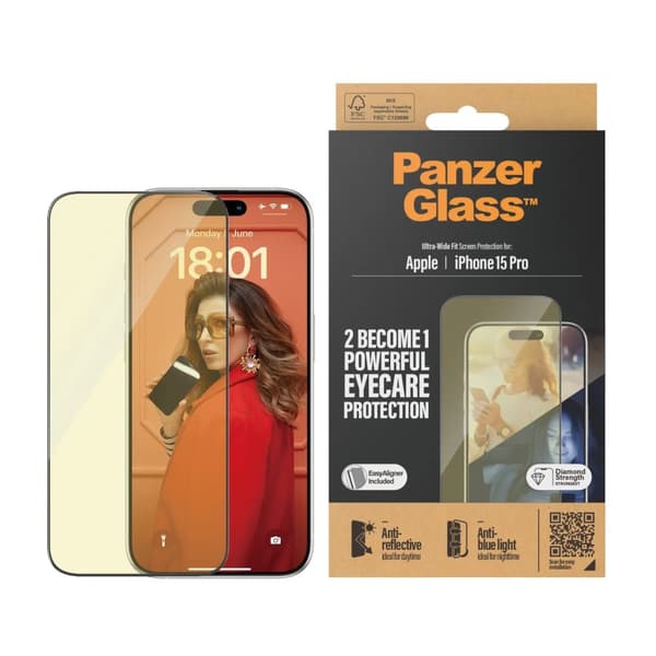 PanzerGlass™ | Ultra-Wide Fit - Skärmskydd för mobiltelefon - EyeCare Protection | Apple iPhone 15 Pro