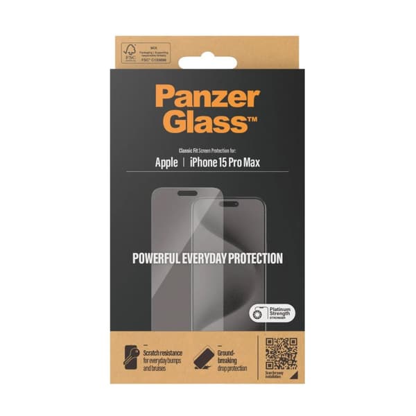 PanzerGlass™ | Classic-Fit - Skjermbeskyttelse for mobiltelefon - Krystallklar | Apple iPhone 15 Pro Max