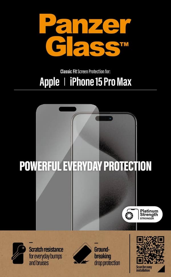 PanzerGlass™ | Classic-Fit - Skjermbeskyttelse for mobiltelefon - Krystallklar | Apple iPhone 15 Pro Max