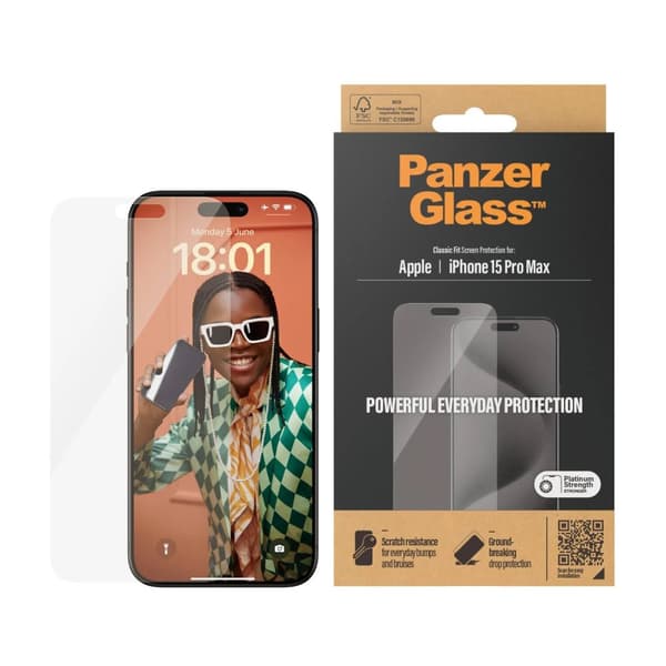 PanzerGlass™ | Classic-Fit - Skjermbeskyttelse for mobiltelefon - Krystallklar | Apple iPhone 15 Pro Max