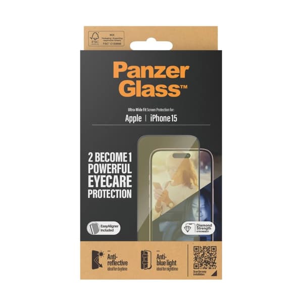 PanzerGlass™ | Ultra-Wide Fit - Skärmskydd för mobiltelefon - EyeCare Protection| Apple iPhone 15