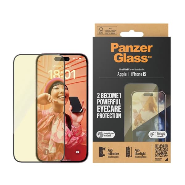 PanzerGlass™ | Ultra-Wide Fit - Skärmskydd för mobiltelefon - EyeCare Protection| Apple iPhone 15
