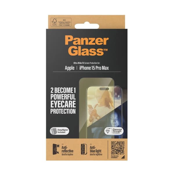 PanzerGlass™ | Ultra-Wide Fit - Skjermbeskyttelse for mobiltelefon - EyeCare Protection | Apple iPhone 15 Pro Max