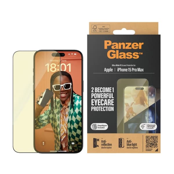 PanzerGlass™ | Ultra-Wide Fit - Skjermbeskyttelse for mobiltelefon - EyeCare Protection | Apple iPhone 15 Pro Max