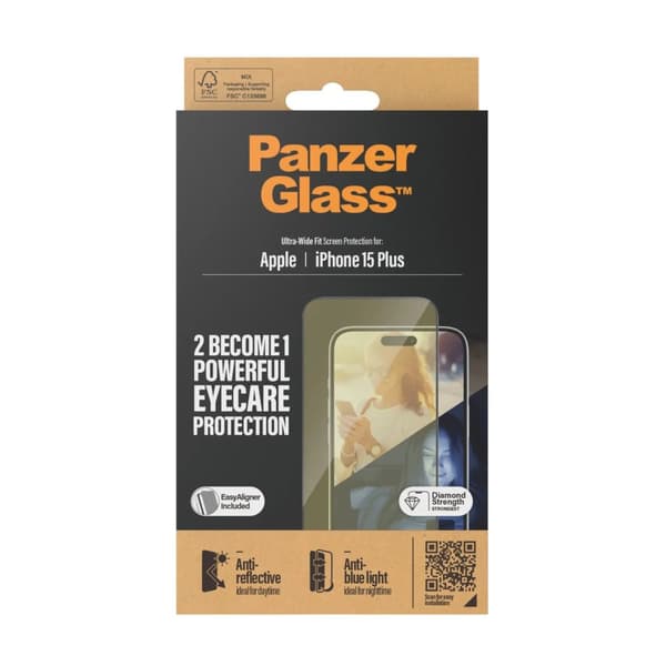 PanzerGlass™ | Ultra-Wide Fit - Skjermbeskyttelse for mobiltelefon - EyeCare Protection | Apple iPhone 15 Plus