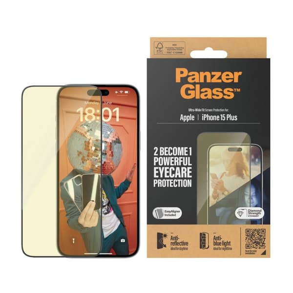 PanzerGlass™ | Ultra-Wide Fit - Skjermbeskyttelse for mobiltelefon - EyeCare Protection | Apple iPhone 15 Plus