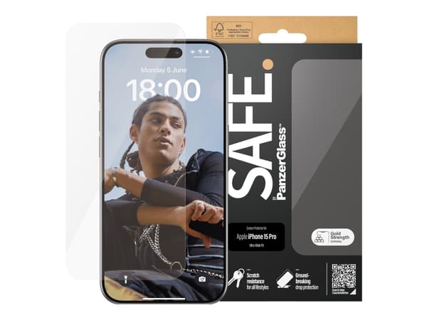 SAFE. by PanzerGlass - Skjermbeskyttelse for mobiltelefon - ultrabred passform - glass - for Apple iPhone 15 Pro
