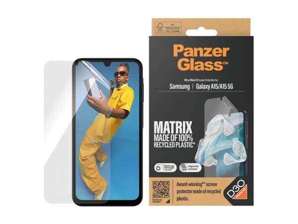 PanzerGlass ECO Matrix - Skärmskydd för mobiltelefon - med D3O, ultrabred passning med AlignerKit - film - för Samsung Galaxy A15, A15 5G