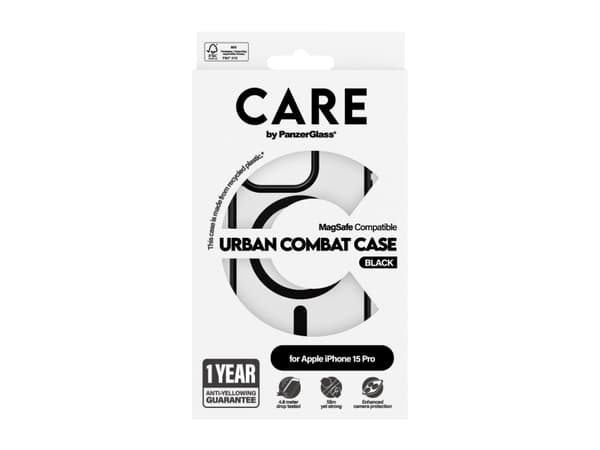 PanzerGlass CARE by ® Flagship Case Transparent Urban Combat w. Black MagSafe iPhone 15 Pro, Cover, Apple, Apple - iPhone 15 Pro, 15.5 cm (6.12"), Tr