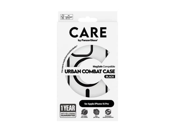 PanzerGlass CARE by ® Flagship Case Transparent Urban Combat w. Black MagSafe iPhone 15 Pro, Cover, Apple, Apple - iPhone 15 Pro, 15.5 cm (6.12"), Tr