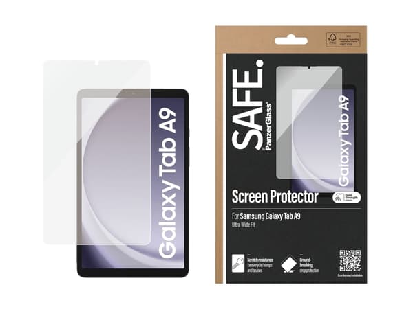 PanzerGlass SAFE. by ® Skjermbeskyttelse Samsung Galaxy Tab A9 | Ultra-Wide Fit, herdet glass, polyetylentereftalatfolie (PET), 30 g, 1 stk.