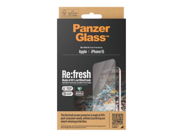 PanzerGlass Re:fresh - Skjermbeskyttelse for mobiltelefon - ultravid passform med EasyAligner - rammefarge svart - for Apple iPhone 15